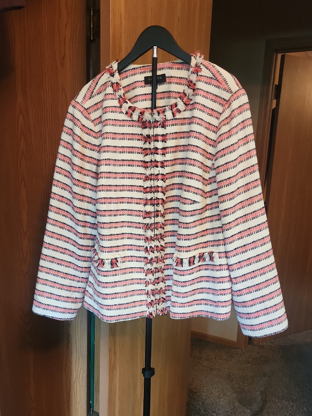 Talbots Pink, White & Black Striped Tweed Jacket with Fringe